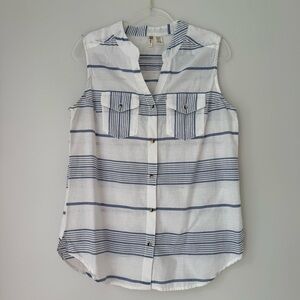 Japna Navy‎ Blue Striped Sleeveless Button-Down Shirt Sz L